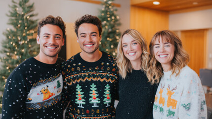 Four happy young friends posing together in whimsical holiday sweaters. group of men and women celebrating Christmas with joy and festive spirit at party