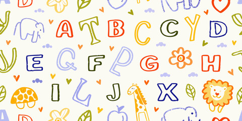 Whimsical hand drawn alphabet letters and cute animals pattern for childrens education and design