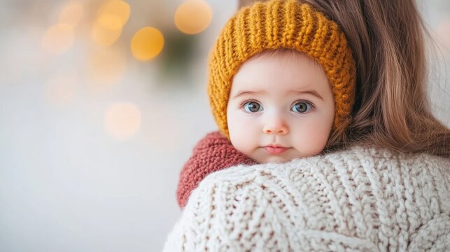 Baby in cozy knit hat looking over mother's shoulder in winter setting