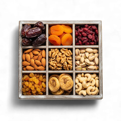 Assortment of dried fruits and nuts in a divided wooden box healthy snack mix isolated on transparent background