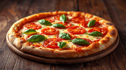 Smoky Margherita Pizza with Fresh Tomatoes and Basil on Rustic Wooden Table, Generative AI