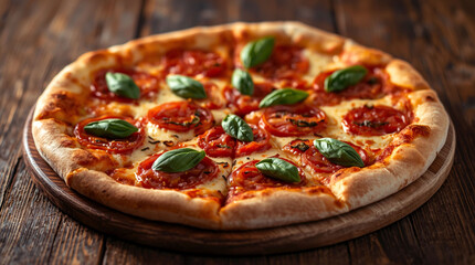 Smoky Margherita Pizza with Fresh Tomatoes and Basil on Rustic Wooden Table, Generative AI