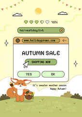 Autumn poster with cute animal illustration and retro computer pop up window
