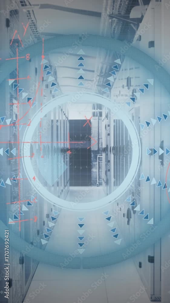 Poster animation of data processing and scope scanning over server room