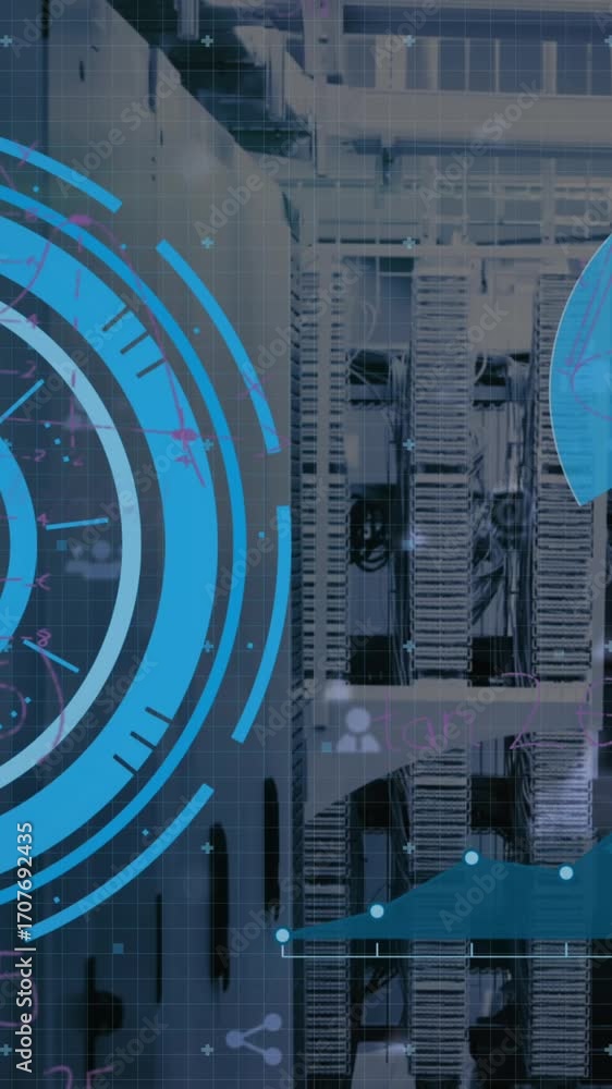 Poster animation of mathematical equations and data processing over server room