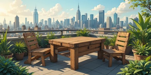 Rooftop garden featuring furniture made from upcycled wooden pallets with a stunning cityscape backdrop