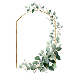 Elegant golden arch frame featuring soft watercolor greenery sprigs for decorative purposes.