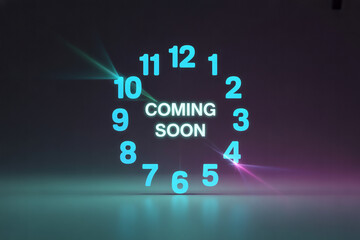 Exciting launch announcement with a dynamic clock graphic and glowing 'Coming Soon' message creating anticipation for new releases and events