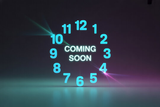 Exciting launch announcement with a dynamic clock graphic and glowing 'Coming Soon' message creating anticipation for new releases and events