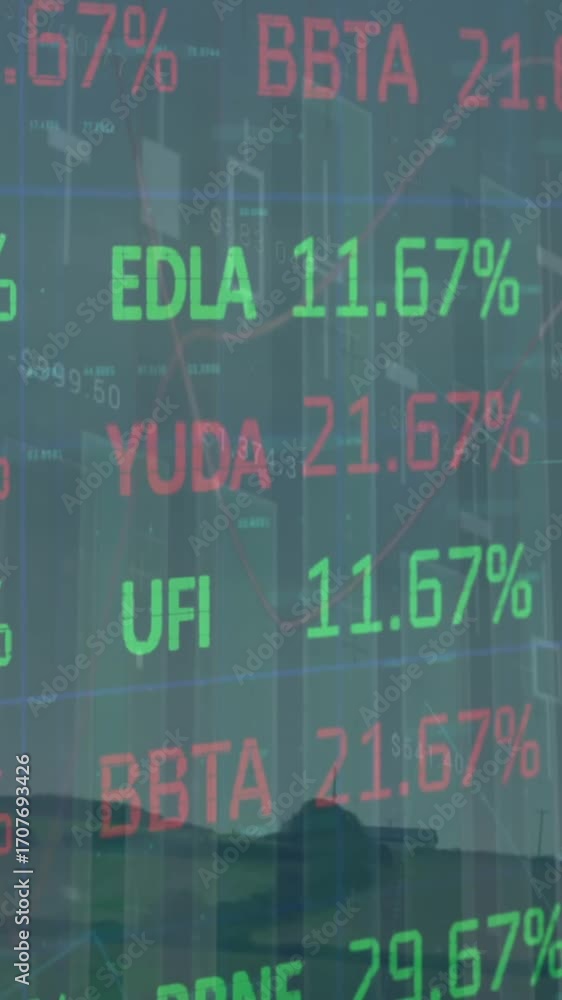 Poster animation of statistical and stock market data processing over spinning windmill on grassland