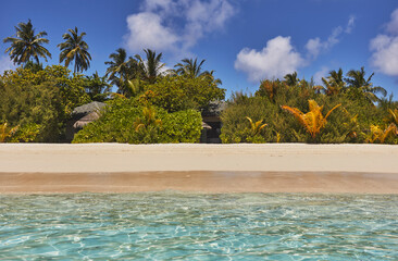 Pristine shallow waters lap against the white coral sand of a tropical beach; Havodda Island, Gaafu Dhaalu atoll, Maldives