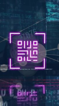 Animation of qr code, programming language and binary codes over close-up of hacker wearing mask