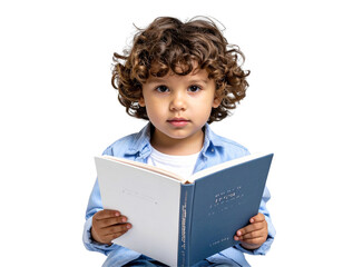 Young Child Student Reading a Book, Front View, Isolated on Transparent Background