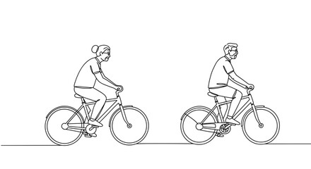 Fototapeta premium Two cyclists riding bicycles in line art style on a transparent background 