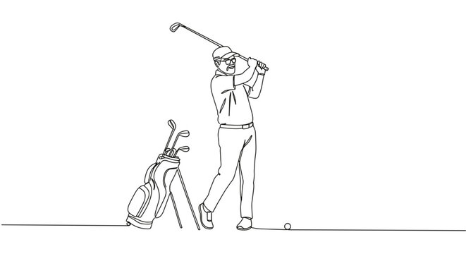 Golfer executing a swing with a golf club, standing next to golf bag, line style, transparent background  