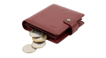 Isolated wallet with coins is lying on table, men's accessory of brown color