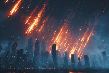 Fototapeta premium Fiery Meteor Shower Over Futuristic Cityscape