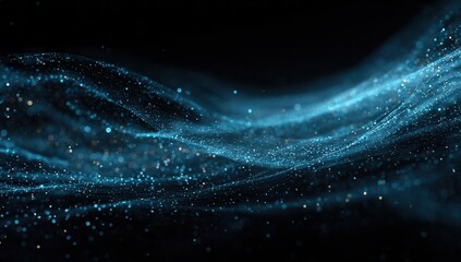 Abstract flowing blue digital data stream with glowing particles on black background
