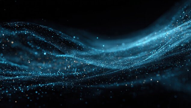 Abstract flowing blue digital data stream with glowing particles on black background