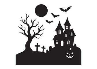 halloween background logo silhouette vector, halloween night silhouette illustration design, happy halloween background silhouette, haunted tree and castle at night logo silhouettes vector 