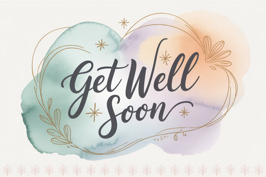Send your heartfelt wishes with this elegant 'Get Well Soon' greeting featuring soft watercolor washes and delicate golden accents for a warm, comforting message