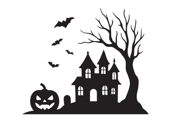 halloween background logo silhouette vector, halloween night silhouette illustration design, happy halloween background silhouette, haunted tree and castle at night logo silhouettes vector 