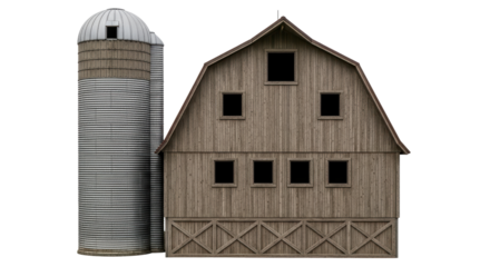 Isolated wooden barn with silos, rustic farm scene, American agricultural architecture