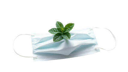Medical protective face mask with a fresh sprig of green mint, symbolizing clean air, fresh breath, and natural solutions for respiratory wellness