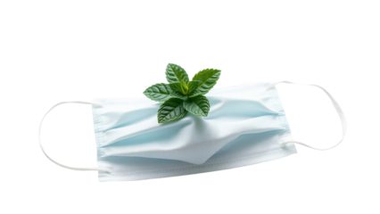 Medical protective face mask with a fresh sprig of green mint, symbolizing clean air, fresh breath, and natural solutions for respiratory wellness