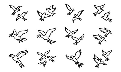 Set of bird line icons including dove, eagle, owl, parrot, peacock, and flying birds isolated on white background