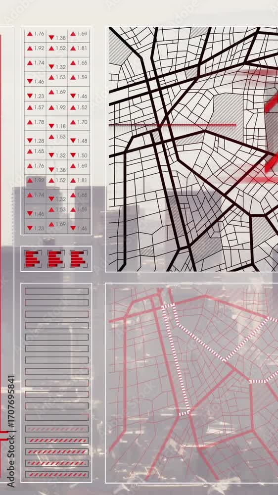 Poster animation of interface with data processing against aerial view of cityscape