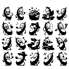 Collection of cartoon eggplant characters showing various expressions and activities in black and white style
