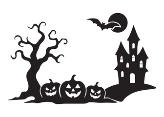 halloween background logo silhouette vector, halloween night silhouette illustration design, happy halloween background silhouette, haunted tree and castle at night logo silhouettes vector 