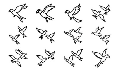Set of bird line icons including dove, eagle, owl, parrot, peacock, and flying birds isolated on white background