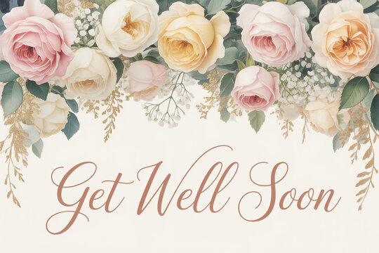 Elegant floral arrangement with 'Get Well Soon' text conveys heartfelt wishes for recovery and comfort, perfect for thoughtful cards and messages.