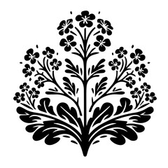 Illustration of a stylized floral arrangement with delicate flowers and symmetrical foliage design element