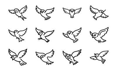 Set of bird line icons including dove, eagle, owl, parrot, peacock, and flying birds isolated on white background
