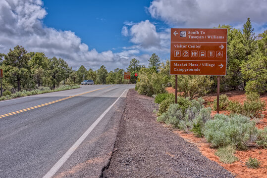 A sign along State Route 64 in Arizona directing travelers in Grand Canyon National Park, Arizona, USA