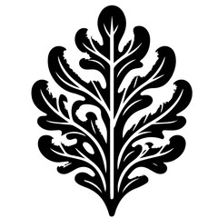 Detailed black and white illustration of an ornate leaf with intricate vein patterns and textured edges design