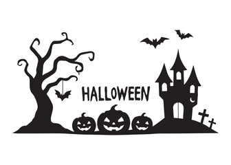 halloween background logo silhouette vector, halloween night silhouette illustration design, happy halloween background silhouette, haunted tree and castle at night logo silhouettes vector 