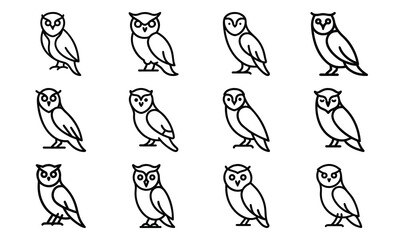 Set of bird line icons including dove, eagle, owl, parrot, peacock, and flying birds isolated on white background