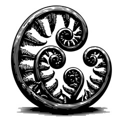 Illustration of a fiddlehead fern frond uncurling with detailed black and white line work design style © MS