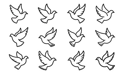 Set of bird line icons including dove, eagle, owl, parrot, peacock, and flying birds isolated on white background