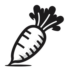 Illustration of a single cartoon carrot with dark green leafy top and shadow on a white background