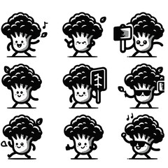 A collection of nine cartoon broccoli characters in various poses and expressions in black and white style