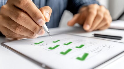 Young professional using a modern tablet to fill out a digital survey on a white desk. Survey research answer checklist