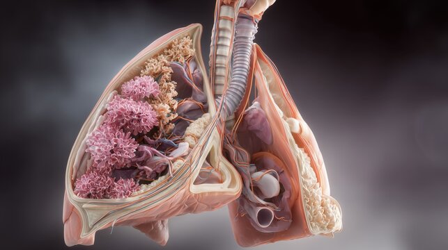 World Anaesthesia Day. Detailed anatomical illustration of respiratory system during general anesthesia, lung tissue cross-section, airway management visualization, medical precision