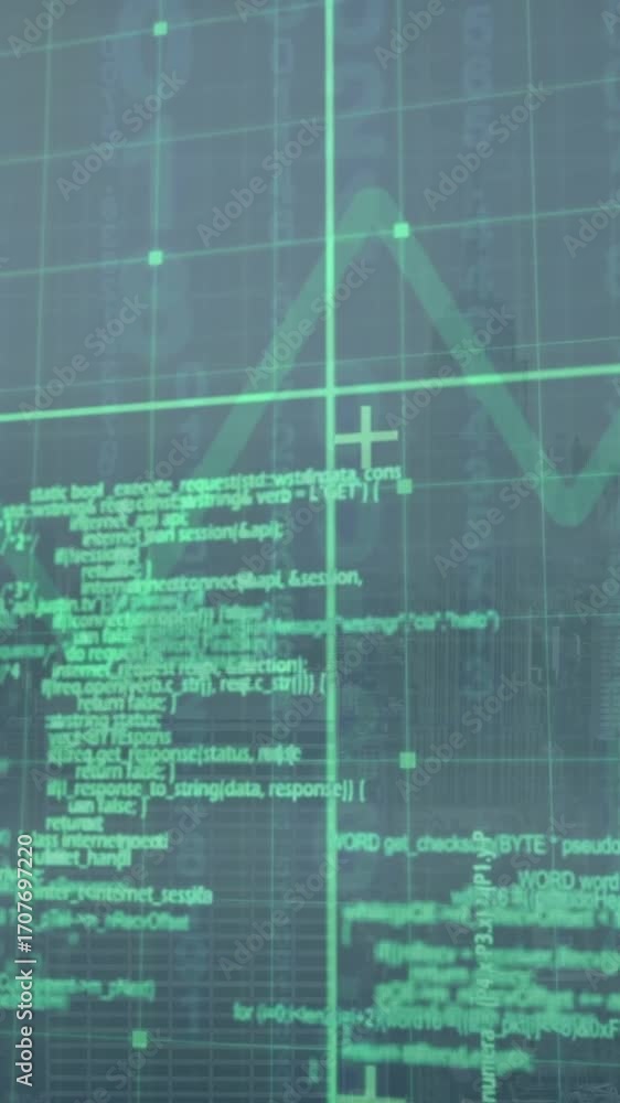 Poster animation of data processing over grid network against aerial view of cityscape
