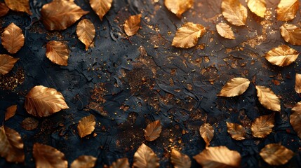 Golden Leaves on Dark Background with Sparkling Texture and Light