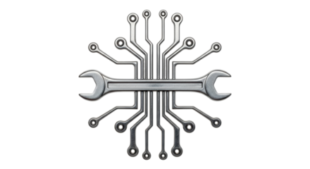 Isolated wrench and circuit board, computer hardware repair service tech support logo graphic